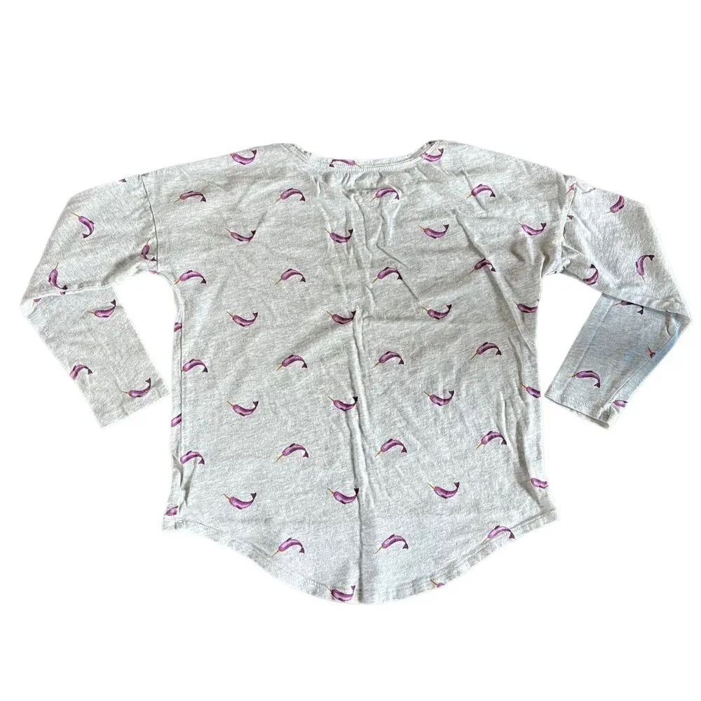 Old Navy Girls T Shirt Top Narwhal Long Sleeve Pullover Gray Purple Medium